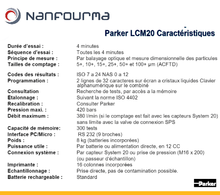 Caractéristiques Parker LCM20 - Compteur de particules